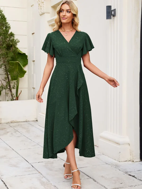Close-up of the ruffle sleeves and premium dark green glitter texture on the ZZV Atelier evening party dress.
