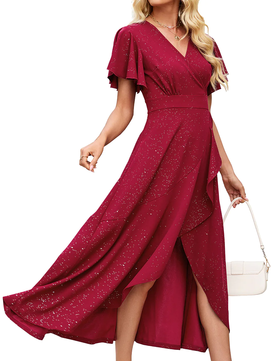 Guest in Garnet Shimmer glitter wrap maxi dress at a black-tie optional fall wedding reception