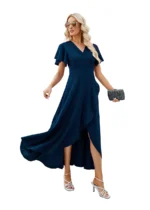 Midnight navy heavy drape crepe maxi dress, highlighting a sophisticated silhouette for black-tie events and galas. [Side view]