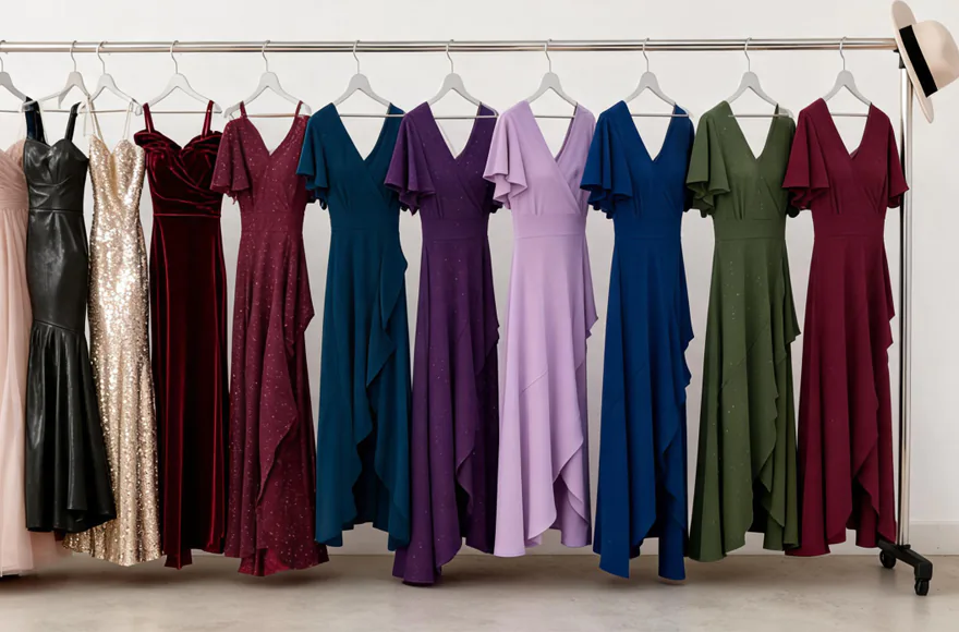 ZZV elegant formal evening dresses and gowns in various colors hanging on a clothing rack